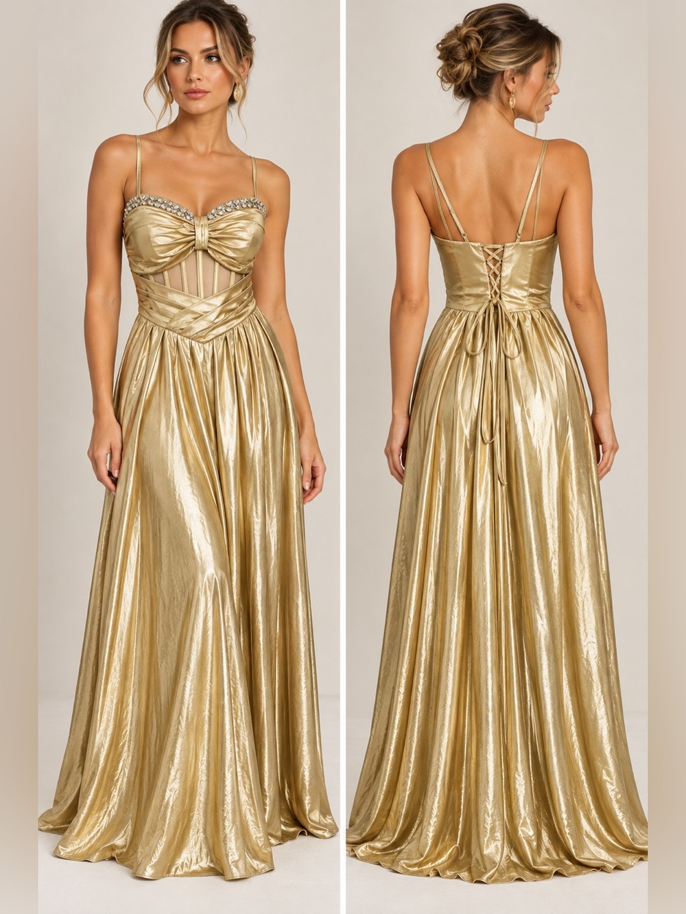 Gold Rhinestone Corset Back Formal Prom Gown Size Large NWOT